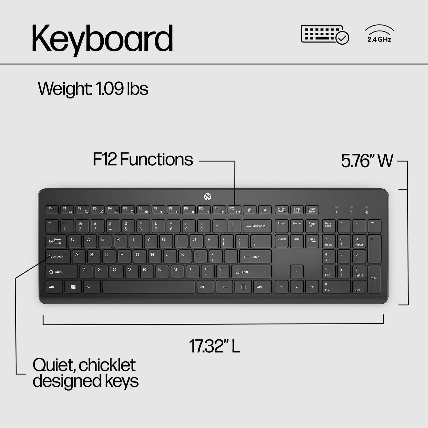 HP 3L1E7AA KEYBOARD 230 WIRELESS, STYLISH DESIGN WITH COMFORT IN MIND, EASILY ACTIVATES ALL 12 FUNCTION KEYS WITH JUST ONE CLICK, UP TO 16 MONTHS OF POWER, BLACK