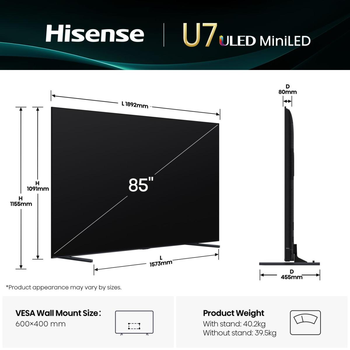 Hisense 85U8Q 85'' 4K Smart QLED MINI LED 144hz TV