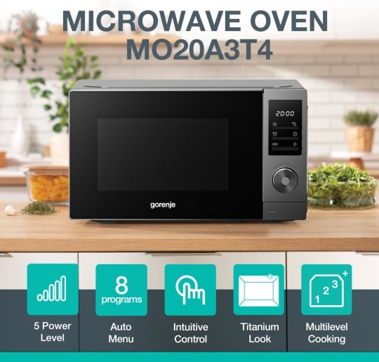 Gorenje Kitchen Microwave Oven 700W 20L 8 Programs Digital Screen MO20A3T4 Titanium