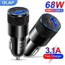 Olaf 68W PD Car Charger USB Type C Fast Charging Car Phone Adapter for iPhone 13 12 Xiaomi Huawei Samsung S21 Quick Charge 3.0