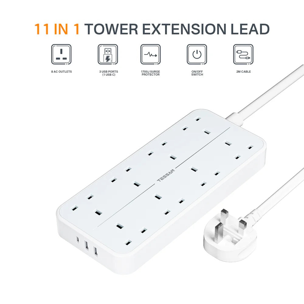 Tessan 8-Gang Extension 2 USB-A USB C 2m 13A TS-204-C