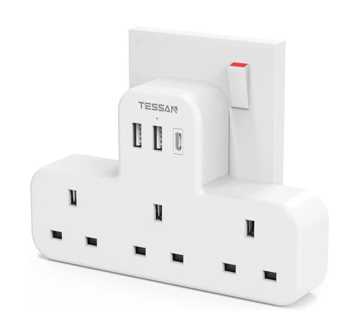 Tessan TS-223-C 3-Gang plug Through UK Charger 2 USB A USB C 13A