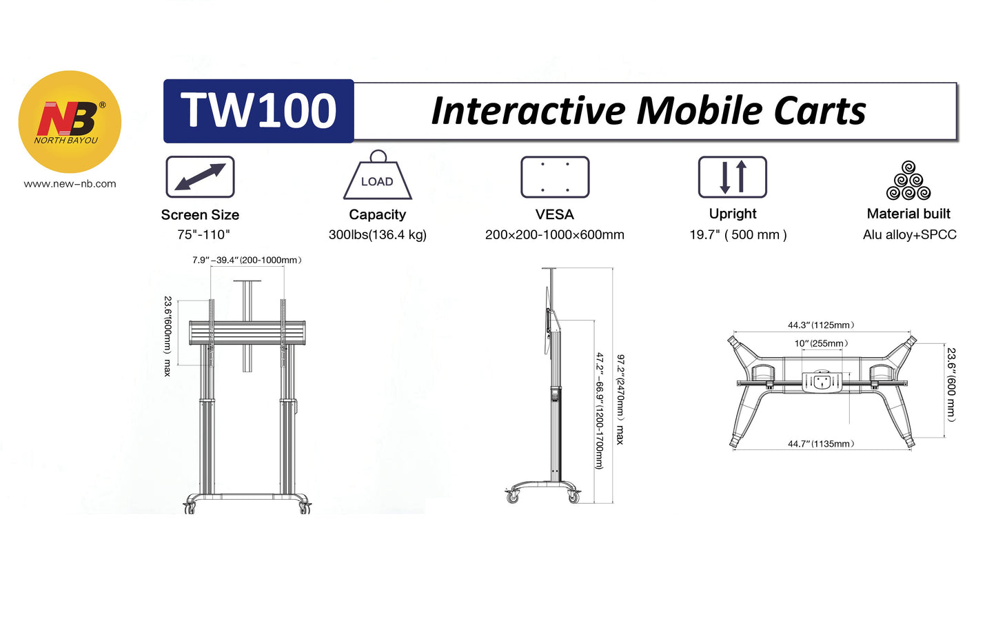 NBMounts Trolley TW100 Motorized 1.7m up to 136kg 110''