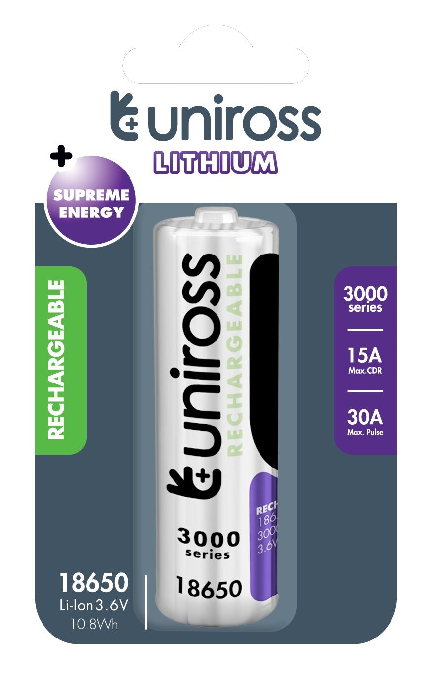 Uniross U1BT1830SP Rechargeable 18650BT Lithium Battery 3000mAh