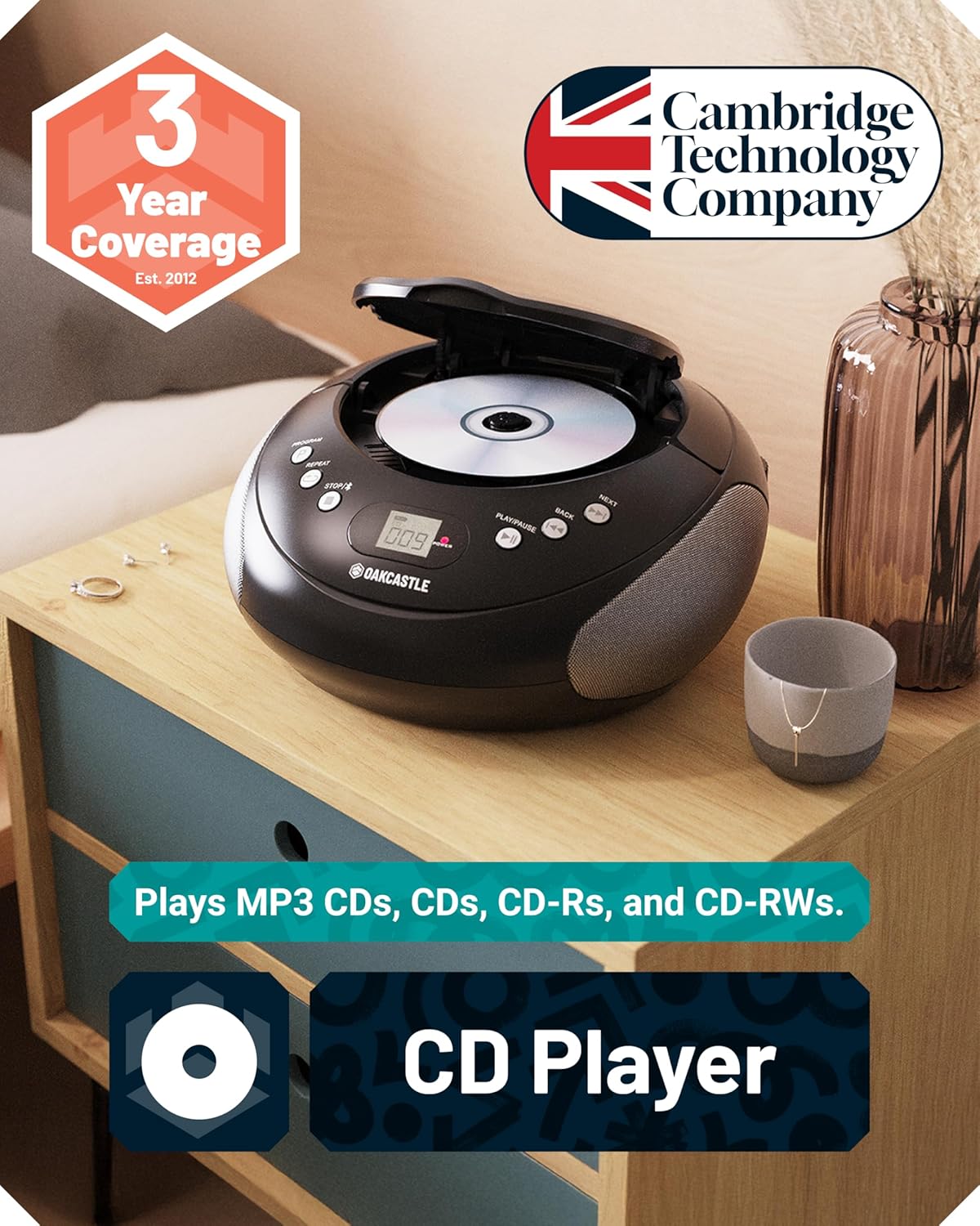 Majority Oakcastle CD250 Portable CD Player Boombox with Bluetooth & FM Radio Mains or Battery Powered