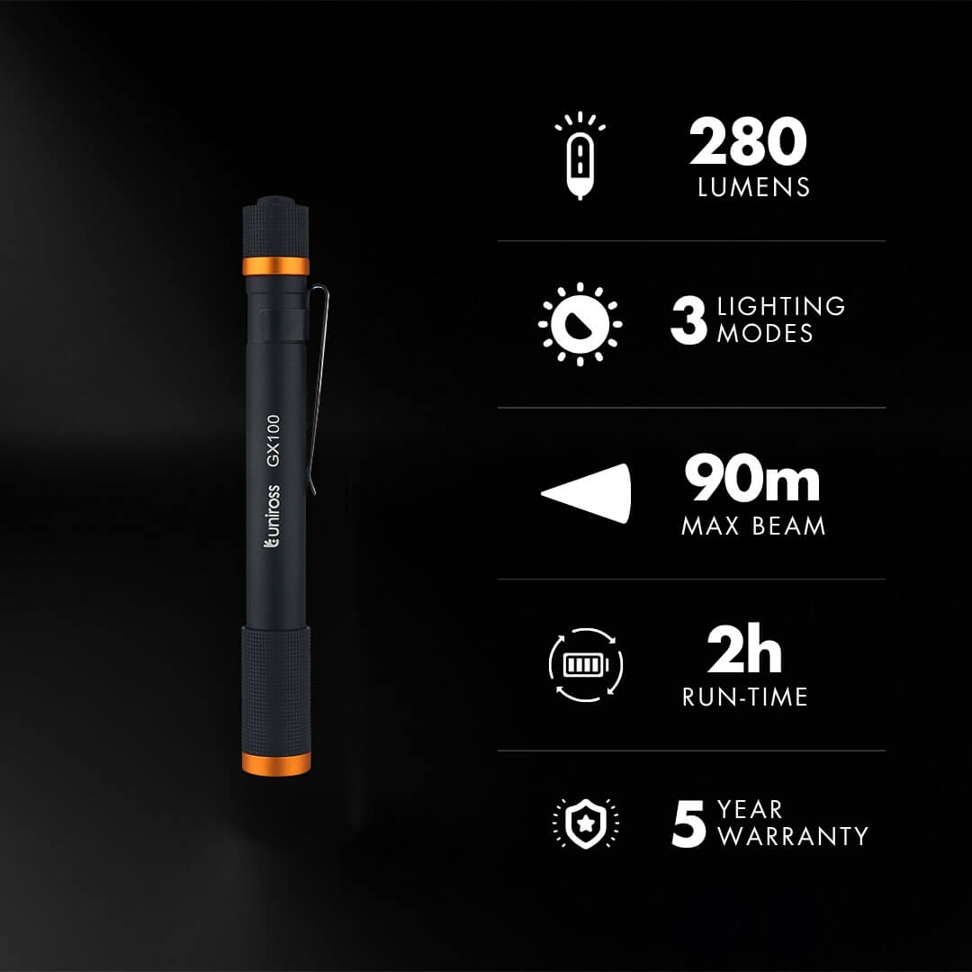 Uniross GX100 Penlight IPX4 Waterproof Torch 280 lumens 90m Beam (Incl 2xAA)