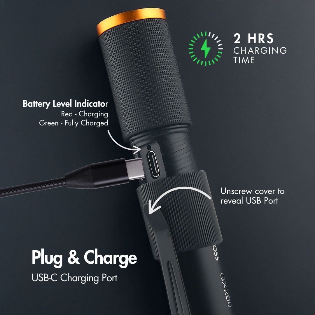 Uniross GX200 USB Rechargeable Torch IP44 Waterproof Aluminium 300 lumens 135m Beam