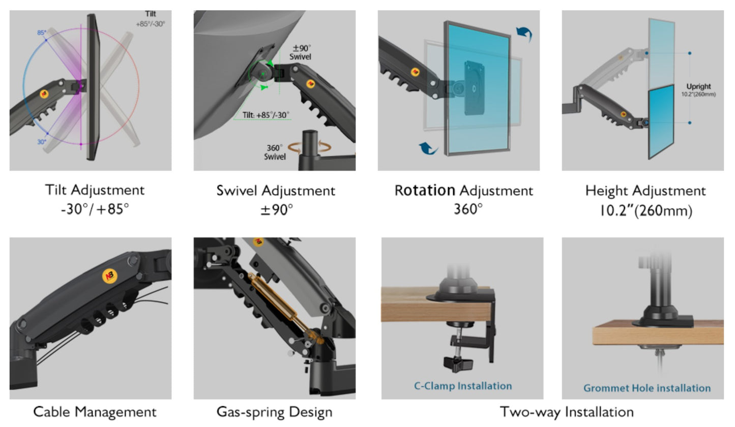 NBMounts H100 Single Arm Gas Desktop Monitor Mount
