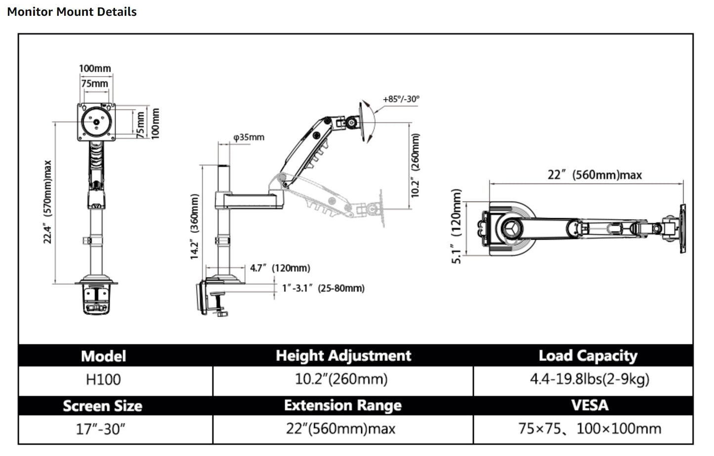 NBMounts H100 Single Arm Gas Desktop Monitor Mount