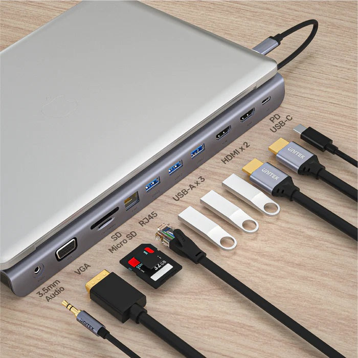 Unitek USB-C Hub USB3.0 PD/2xHDMI/RJ45/SD/VGA/Audio D1022B