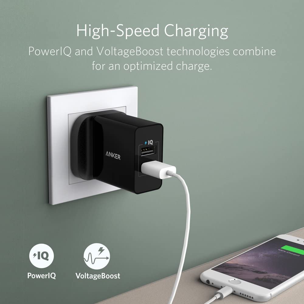 Anker 2port 24W 4.8A USB Wall Charger UK Black