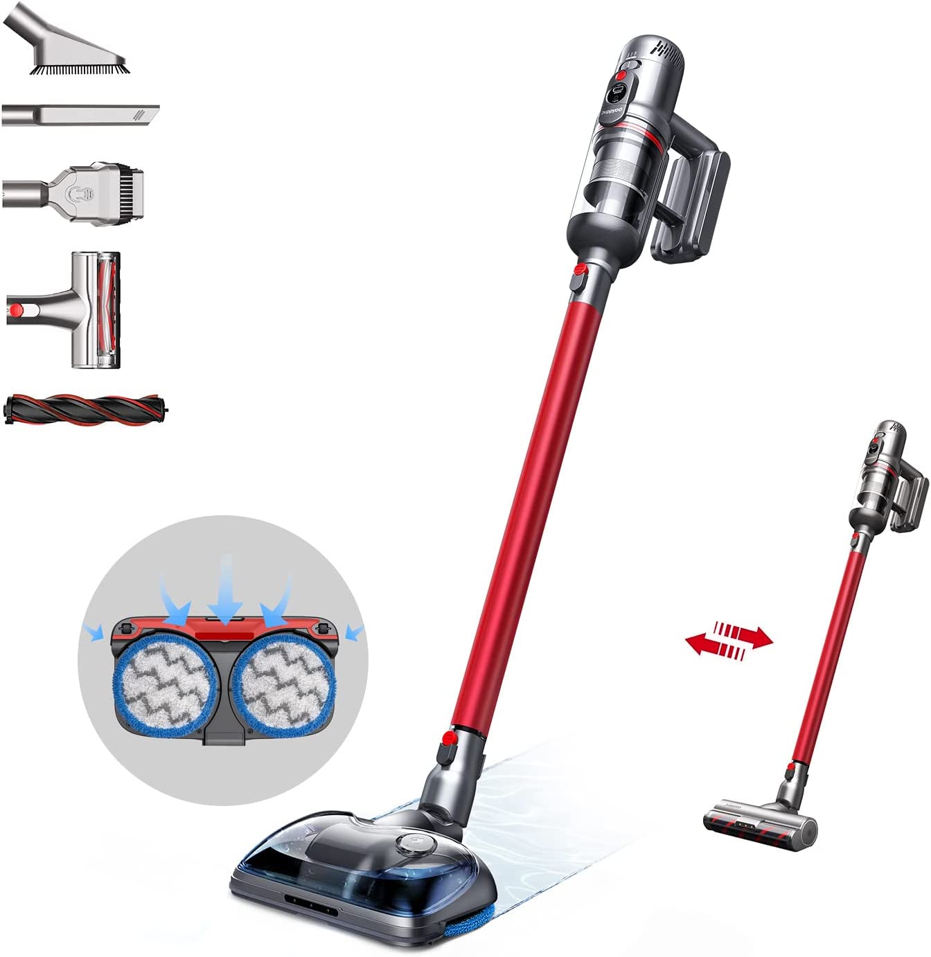 PUPPYOO T12 Pro Rinse , 2 in 1 HandStick Vacuum Cleaner with Mopping Head, Red