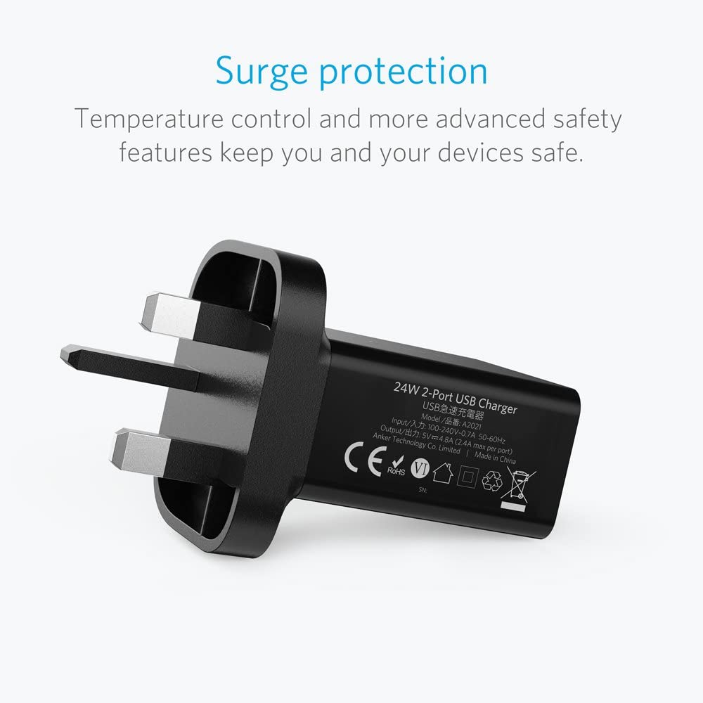 Anker 2port 24W 4.8A USB Wall Charger UK Black