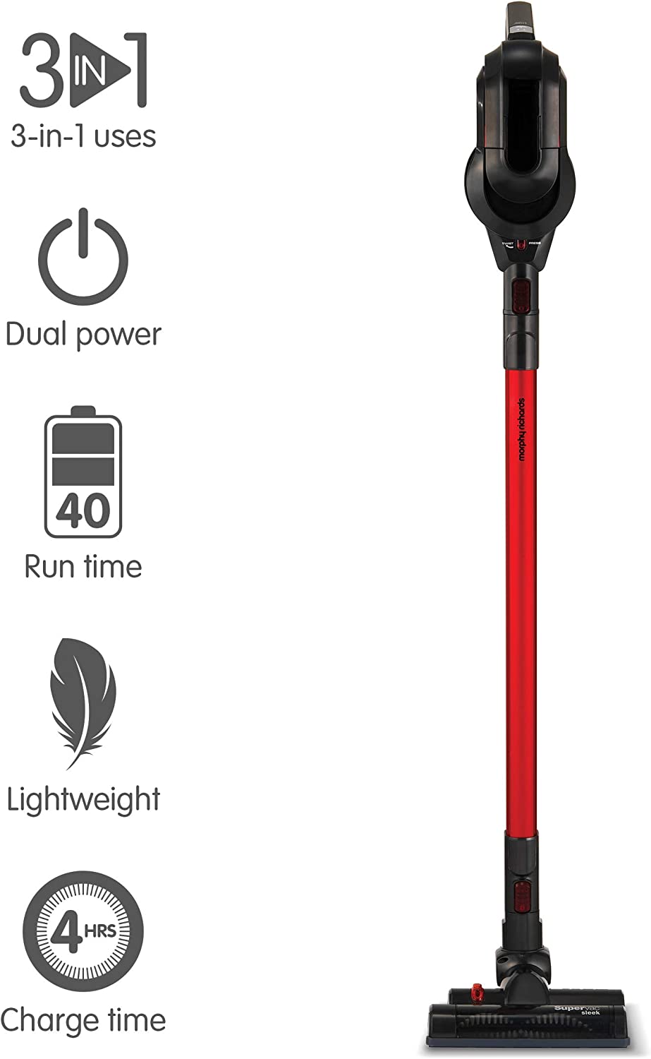 Morphy Richards 731007 Supervac Sleek Power+ Cordless Vacuum Cleaner Red/Black