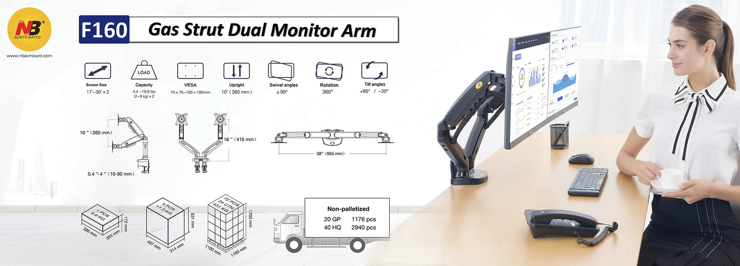 NBMounts F160 Gas Strut Desk Monitor Mount Dual Arms Black