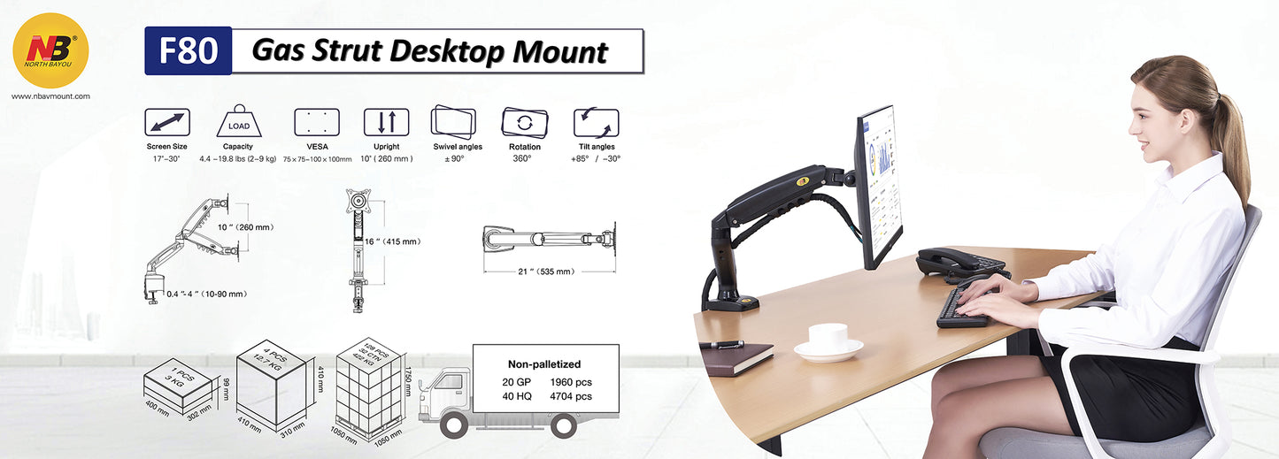 NBMounts F80 Gas Strut Desk Monitor Mount Single Arm Black