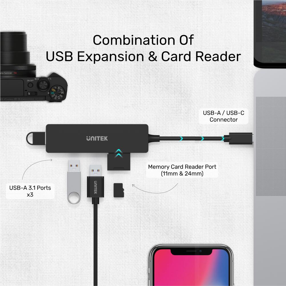 Unitek H1108A USB3.1 Hub 3port USB3.1 & Card Reader