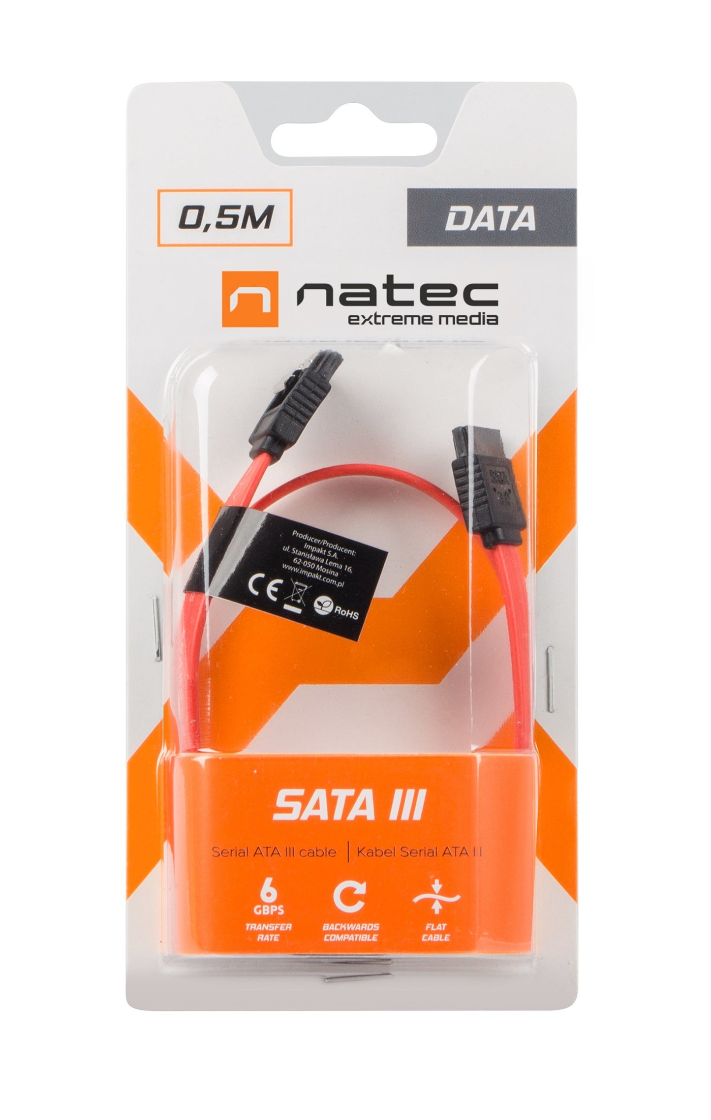 Natec NKA-0615 Sata III 6Gbps Cable 50cm Red Blister
