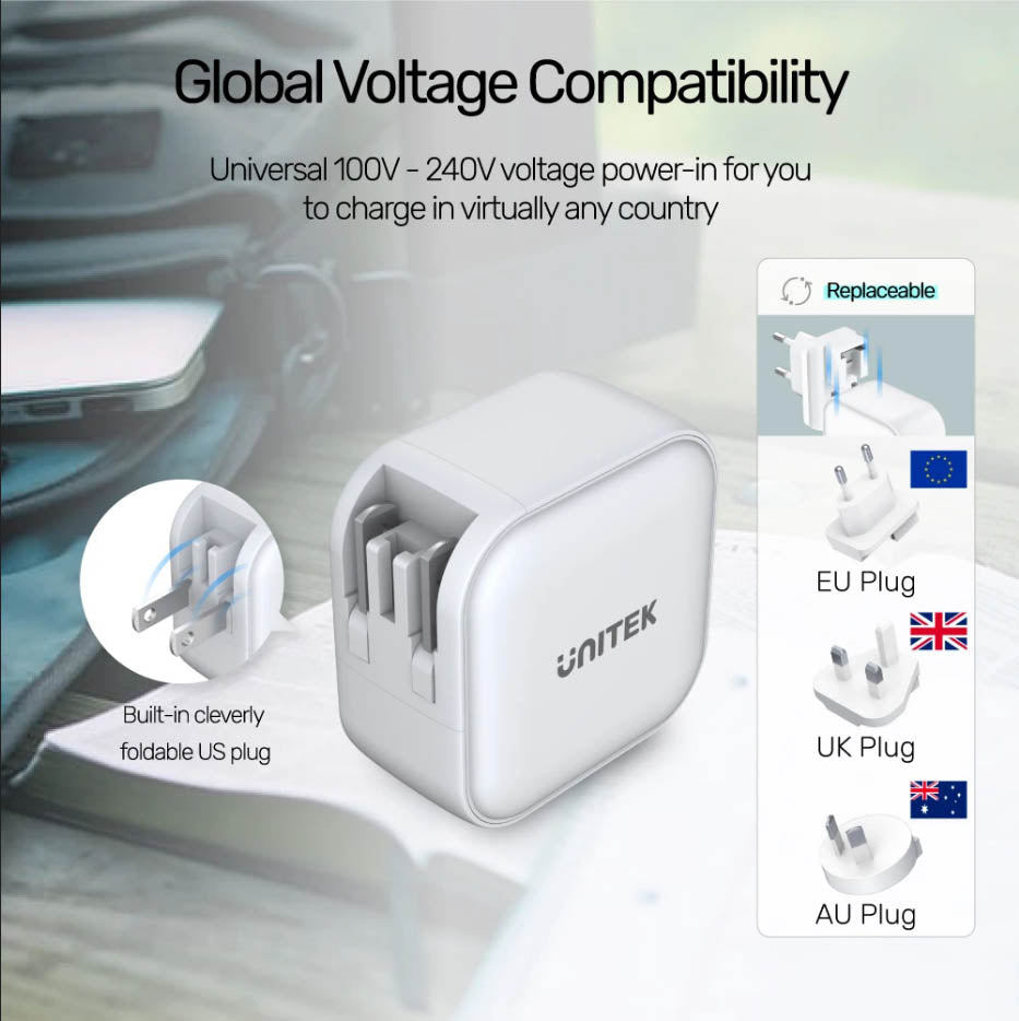 Unitek P1108AWH 66W 3in1 GaN Travel Charger White