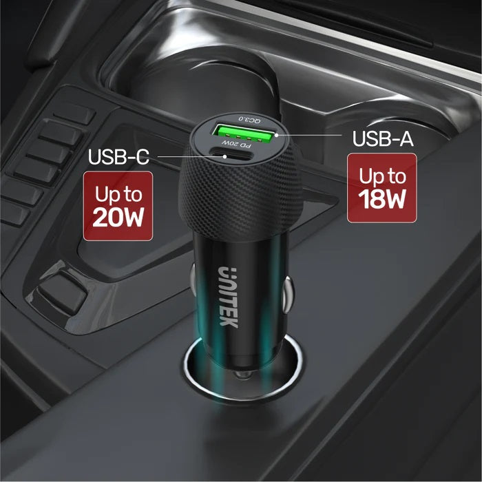 Unitek Charger for Car 38W USBC PD20W+USBA QC3.0 P1400A