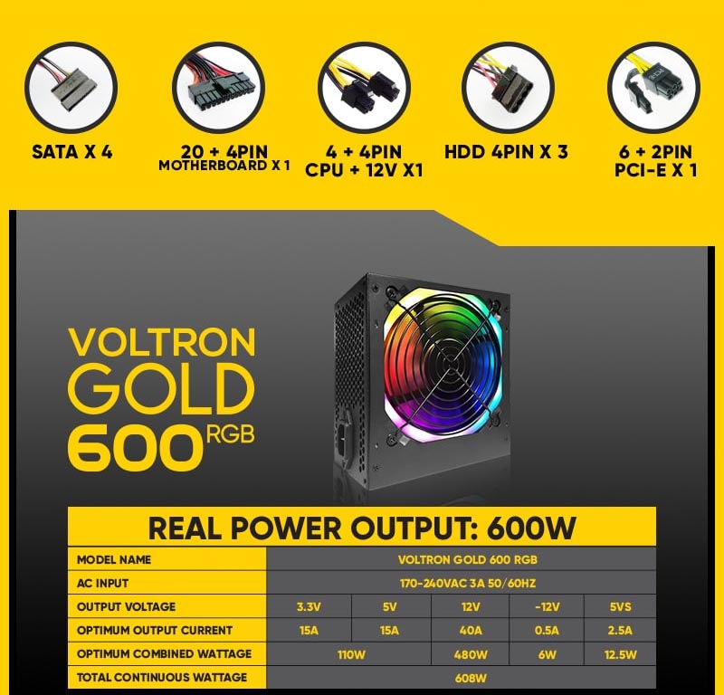 Armaggeddon Voltron Gold RGB Gaming 600W Power Supply