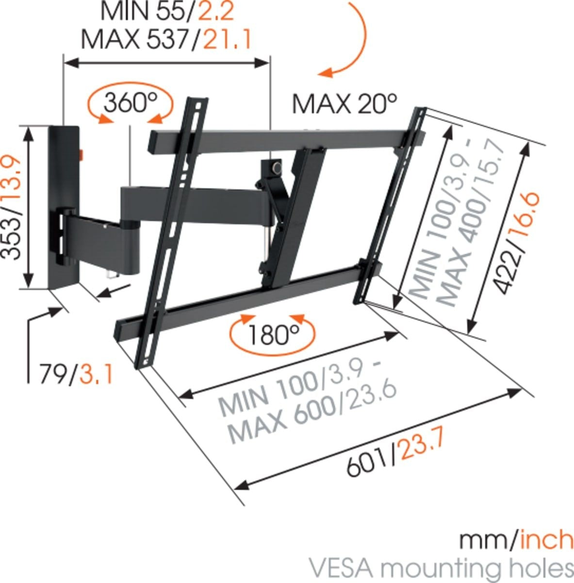 Vogels W53080 Wall Support 2 arms 40-65' Black