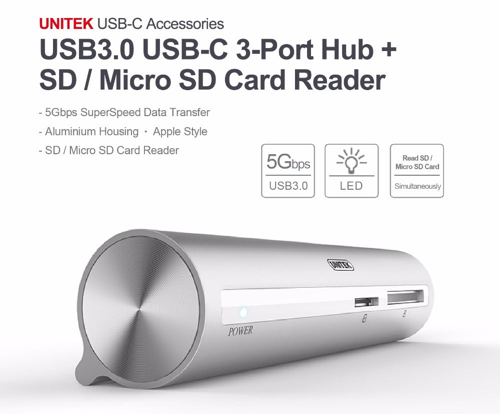 Unitek Y-3094 USB3.1 Type-C 3-port Hub with Card Reader