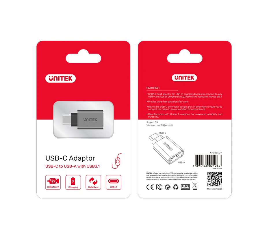 Unitek Y-A025CGY USB-A Female to Type C 3.1 Adaptor Grey