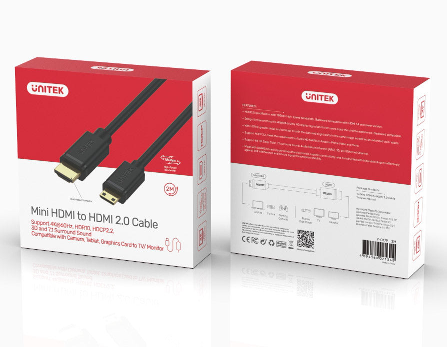 Unitek Y-C179 Mini HDMI to HDMI 4K/HDR Cable 2m