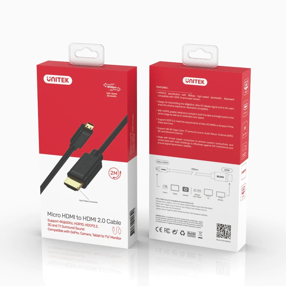 Unitek HC Micro HDMI to HDMI Cable 2.0m Y-C182