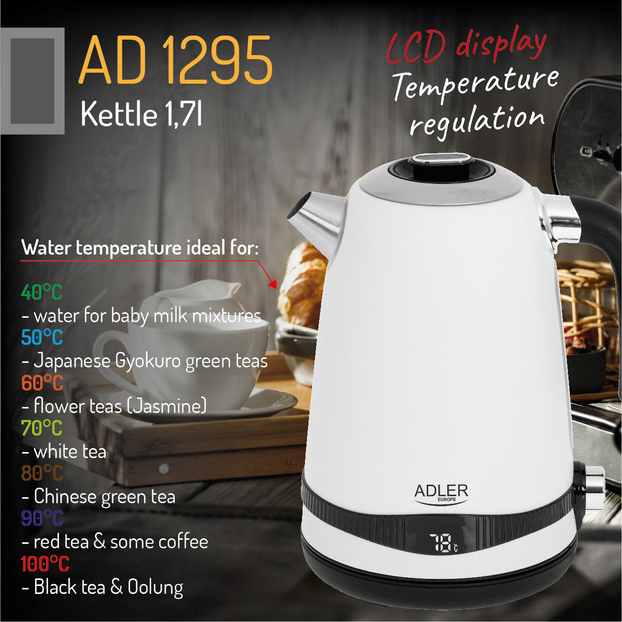 Adler AD1295w Satin White Metal Kettle 1.7L 2200W with Temperature Control