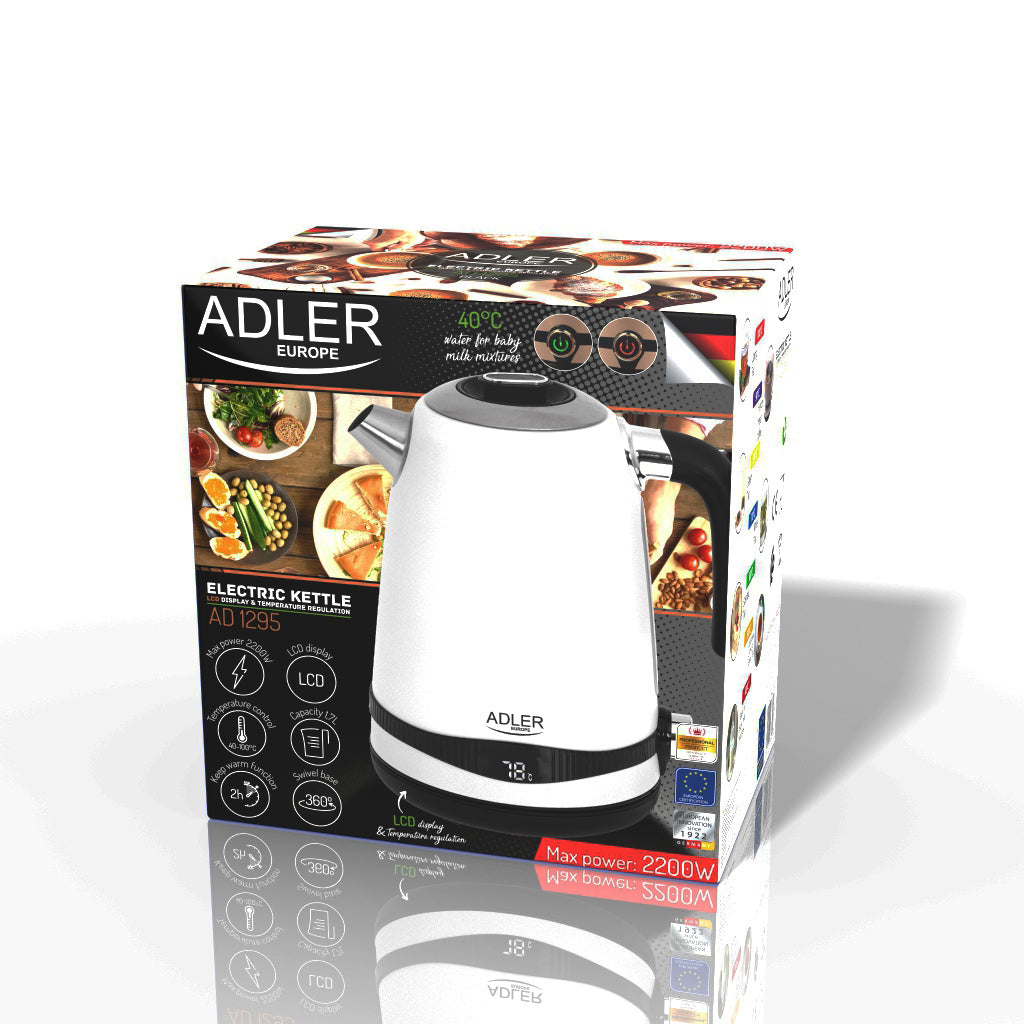 Adler AD1295w Satin White Metal Kettle 1.7L 2200W with Temperature Control