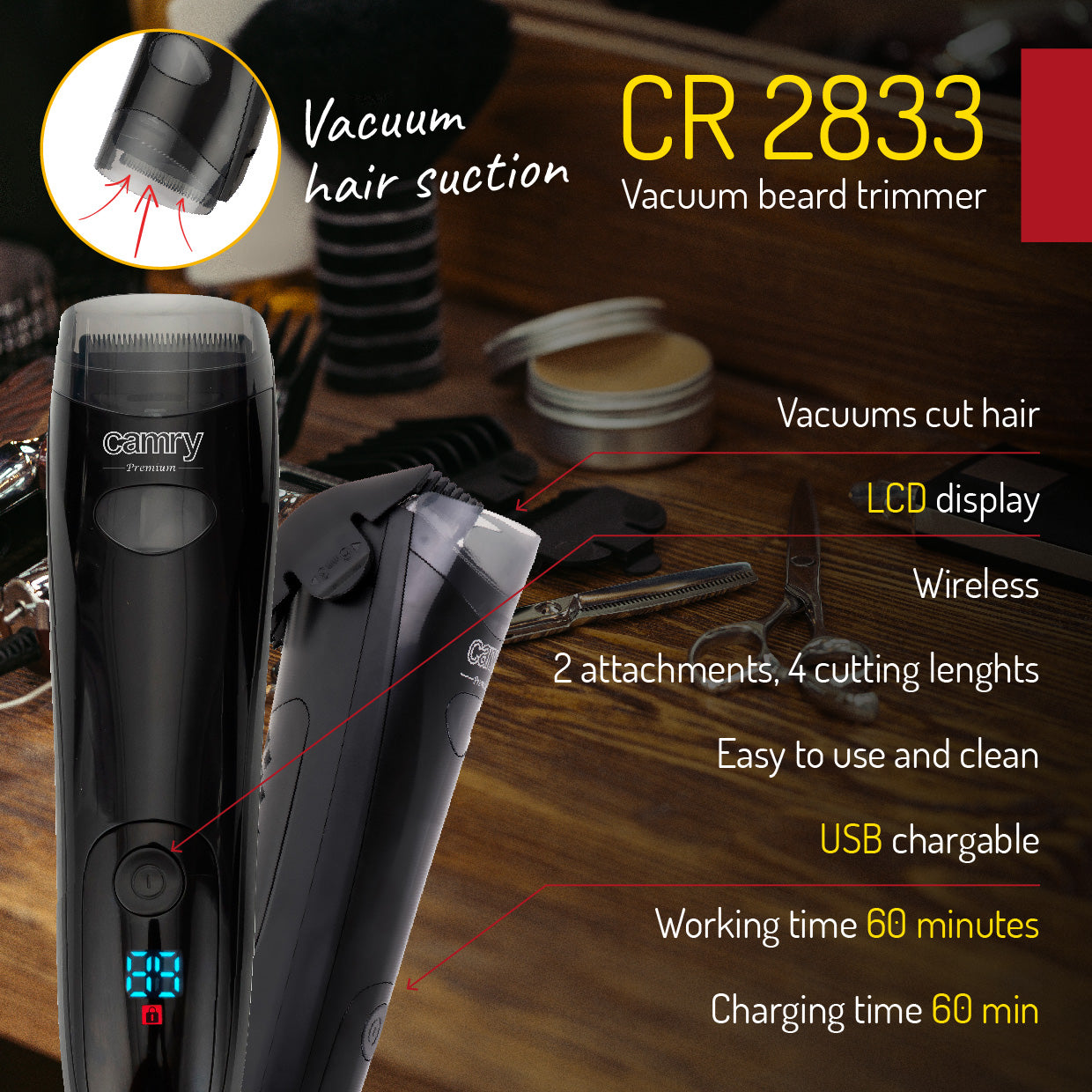 Camry CR2833 Vacuum Beard Trimmer USB Charger LCD Display