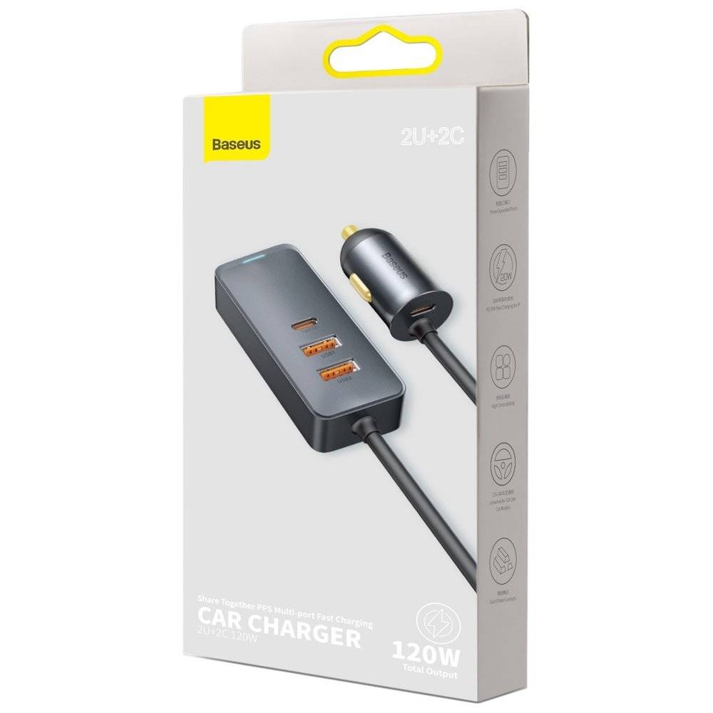 Baseus CCBT-A0G Multi Port USBA+USBC Car Charger with Extension Cord