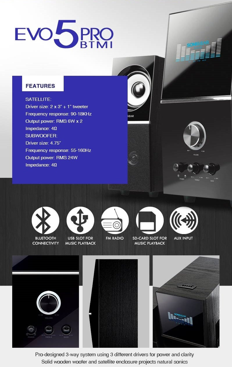 SonicGear EVO5 Pro BTMI 2.1 USB/BT/FM Speakers 72W