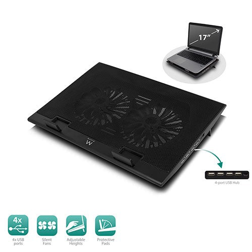 EWENT EW1253 LAPTOP COOLING STAND WITH 4 USB PORT HUB ADJUSTABLE HEIGHT BLACK
