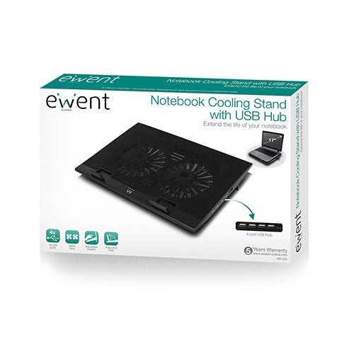 EWENT EW1253 LAPTOP COOLING STAND WITH 4 USB PORT HUB ADJUSTABLE HEIGHT BLACK