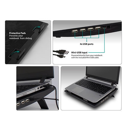 EWENT EW1253 LAPTOP COOLING STAND WITH 4 USB PORT HUB ADJUSTABLE HEIGHT BLACK