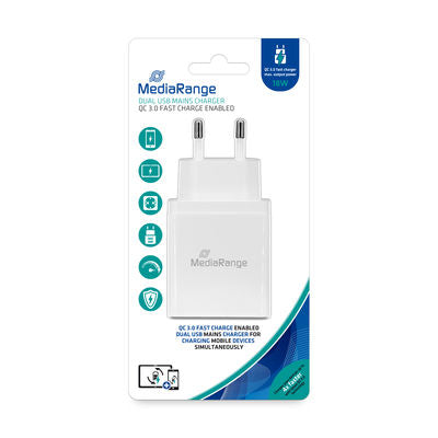 MediaRange MRMA109 Dual USB mains charger QC 3.0 fast charge enabled 18W output power WHITE