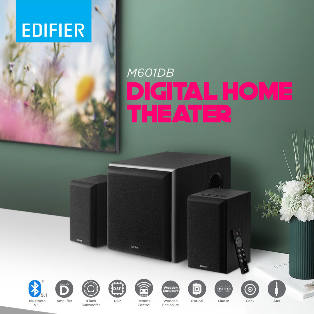Edifier M601DB 2.1 Active Speakers with Wireless Subwoofer DSP/BT/AUX/RC