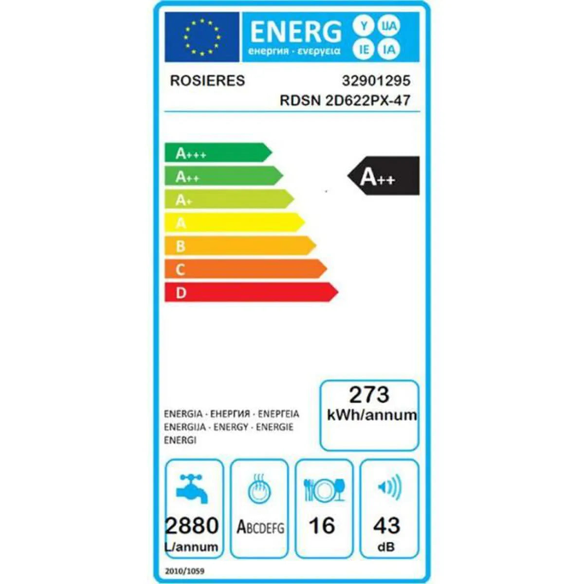 ROSIERES RDSN2D622PX Semi-Integrated, Dishwasher, Panel, 16 Place Settings, 60cm, Inox