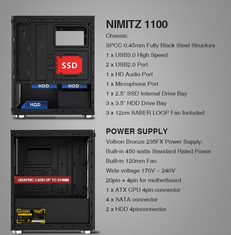 Armaggeddon Nimitz TR-1100 Micro ATX Case with PSU & 5x Blue Fans
